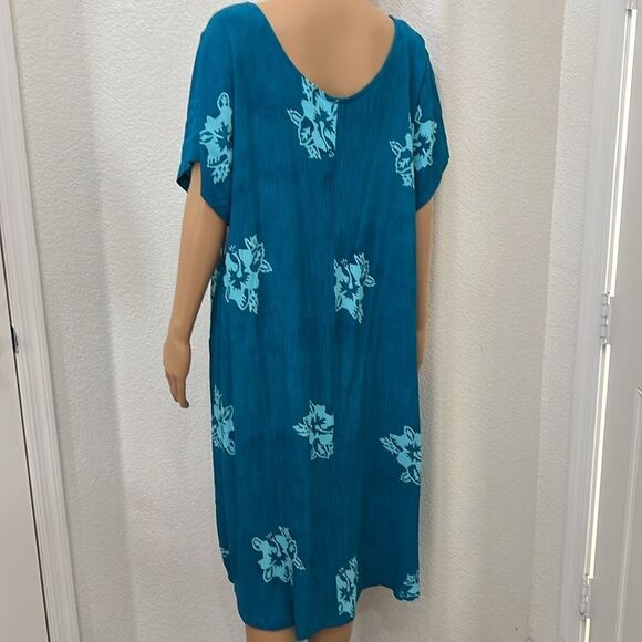 Pineapple Moon Floral Teal Midi Dress Sz 1X Scoop Neck Short Sleeve 💯% Rayon New - Picture 7 of 13